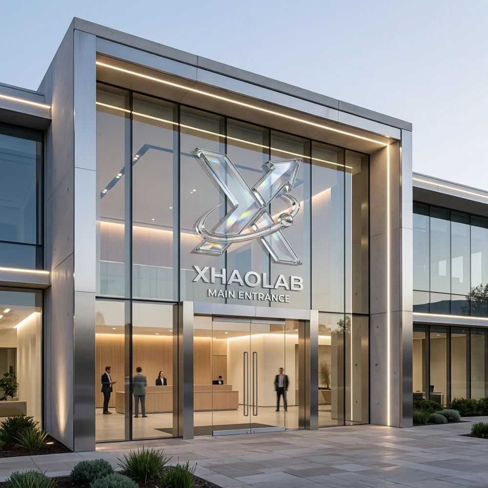 Modern office building with the XhaoLab X emblem above the entrance